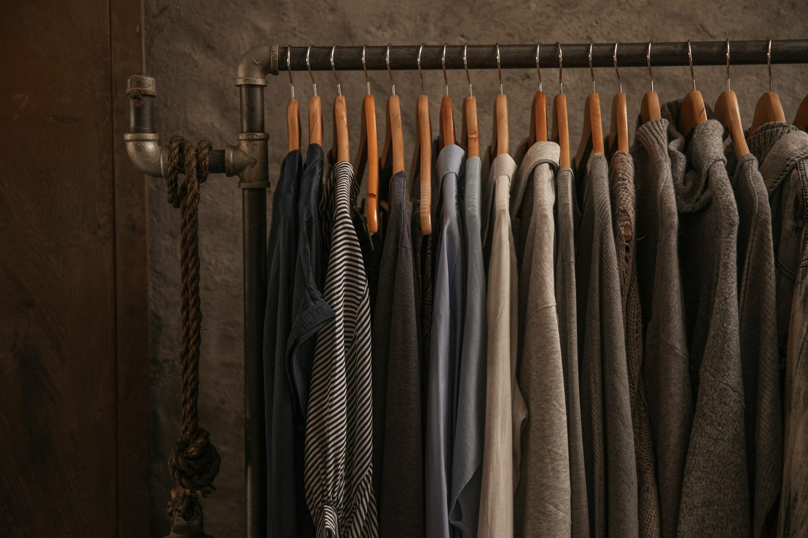 Shirts and knitwear hanging on an industrial rail